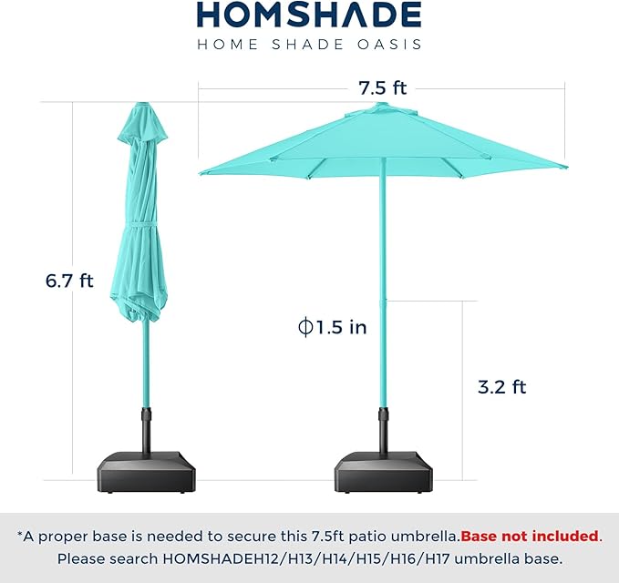 HOMSHADE 7.5ft Outdoor 1S Push-Up Patio Umbrella - Market Table Pool Deck Umbrella UPF50+ UV Protection with 6 Sturdy Ribs for Balcony, Garden, Lawn, Backyard (Light Blue)