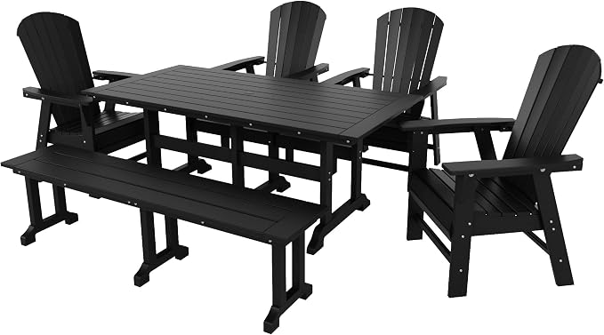 WestinTrends Dylan Adirondack Patio Dining Set for 6, All Weather Poly Lumber Outdoor Table and Chairs Set of 4, 71" Trestle Table and Adirondack Dining Chair with Dining Bench, Black