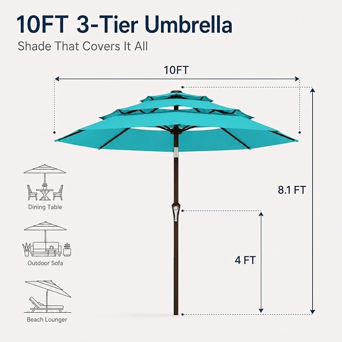 10ft Patio Umbrella, 3-Tier Vented Outdoor Table Umbrella with 8 Sturdy Fiberglass Ribs, Windproof Market Umbrella with Push Button Tilt and Crank, UV Protection for Deck, Pool, Turquoise Blue