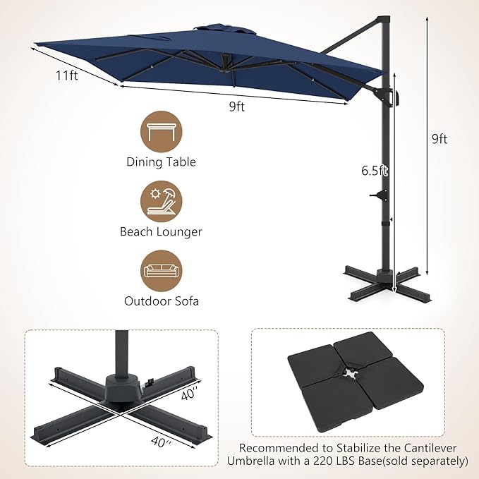 Tangkula 11 x 9 FT Patio Umbrella, Large Offset Cantilever Outdoor Umbrella with Aluminum Pole, 360 Degree Rotation, Tilt Adjustment, 8 Sturdy Ribs, Air Vent & Cross Base for Backyard Pool Garden Deck (Navy, 11x9 FT)
