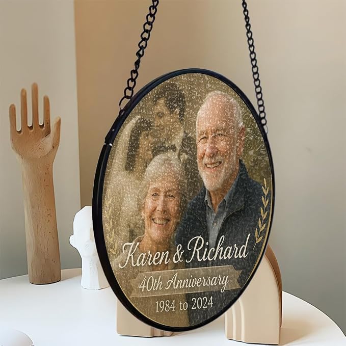 Personalized Wedding Anniversary Before After Photo Stained Glass Window Hanging Suncatcher - Heartfelt Gift for Parents, Grandparents, Old Couple - Custom Wedding
