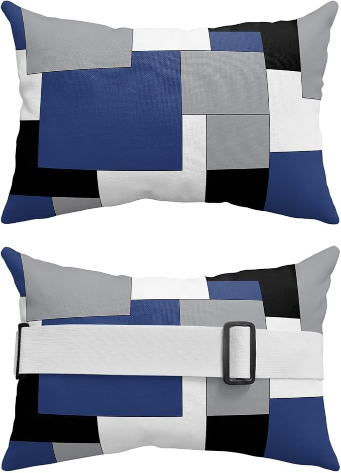 Outdoor Pillows Covers with Inserts Abstract Art Patchwork Black and Navy blue Waterproof Recliner Pillow with Adjustable Strap Throw Pillows for Patio Furniture Pool Lounge Chair, 11x16 inch, 1PCS