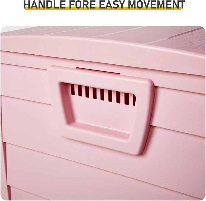 75 Gallon Deck Box Organizer with Wheels, Doubles as 2-Person Bench Seat, Large Plastic Outdoor Storage and Seating with Lockable Lid for Garden, Pool, and Patio (Pink)