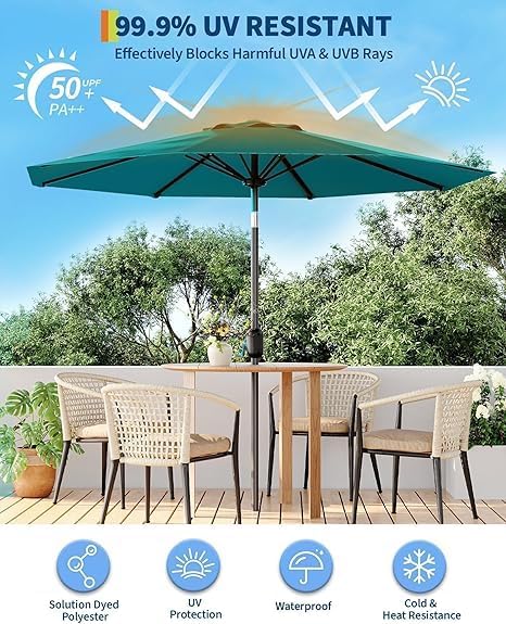 IDEALHOUSE 9Ft Outdoor Patio Umbrella, 8 Sturdy Ribs Table Umbrella With Crank Lift & Push Button Tilt, Market Umbrella UV Protection Waterproof for Garden, Deck, Backyard, Pool