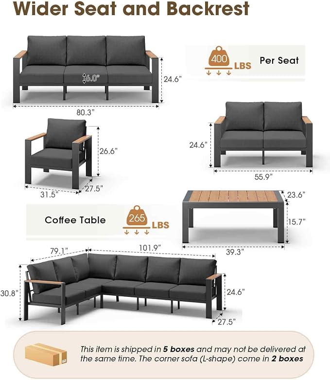 Aluminum Outdoor Patio Furniture Set, 11 Seats Patio Conversation Sets, Oversized Outdoor Sectional with Washable Thick Cushions & Coffee Table for Backyard, Garden and Poolside, Graphite