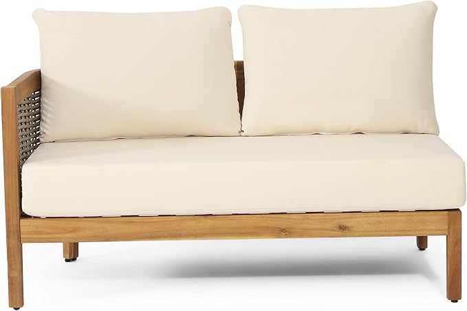 Christopher Knight Home Burchett Outdoor 5 Seater Sectional Sofa Chat Set with Fire Pit - Acacia Wood and Round Wicker - Teak/Mixed Brown/Beige/Light Gray