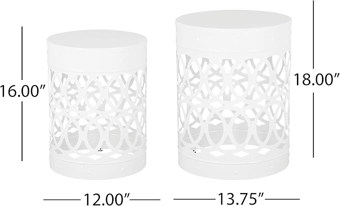 Set of 2 Round Metal Patio Side Tables Steel Accent End Tables with Geometric Circle Cut-Outs Weather Resistant Small Outdoor Furniture for Deck Pool Yard Balcony No Assembly,White