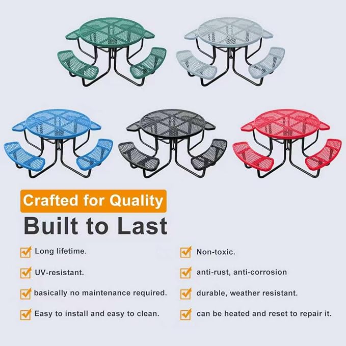 46In Round Metal Picnic Table, Commercial-Grade Heavy Duty Outdoor Furniture, Rust-Resistant Outside Table for Patio, Garden, Playground and Parks (Black)