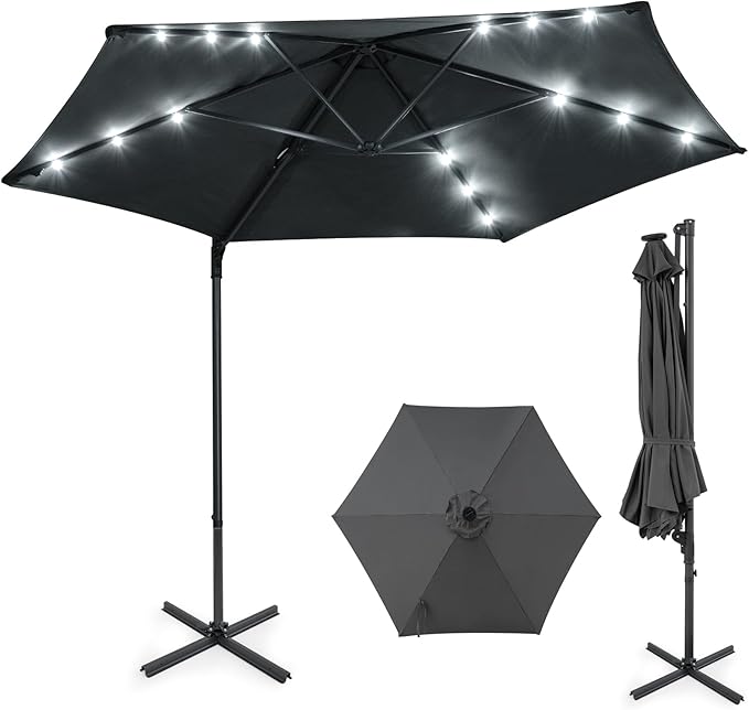 Tangkula 10ft Patio Umbrella with Solar Lights, Offset Cantilever Outdoor Umbrella with LED Lights, 360 Degree Rotation, Air Vent for Pool Deck Garden Backyard (Gray)