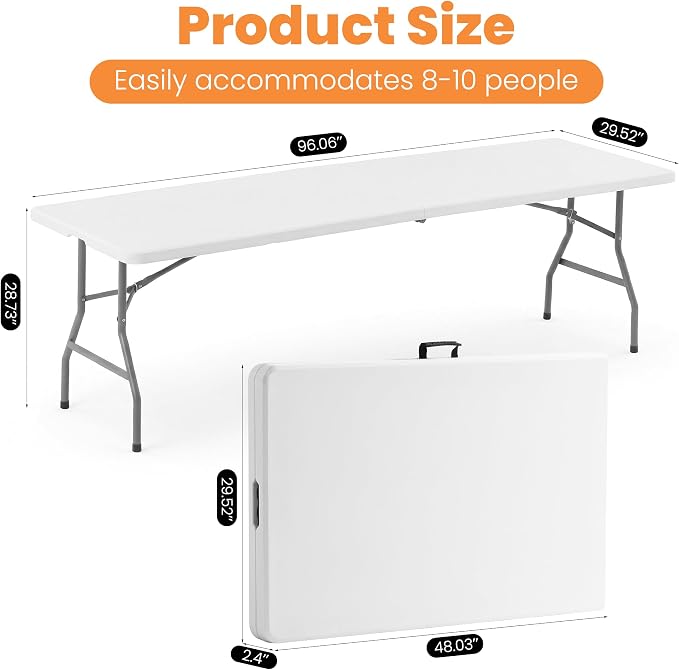 8 FT Plastic Folding Table Set with 6 White Folding Chairs for Picnic, Party, Training, Outdoor Activities, at Home and Commercial Use