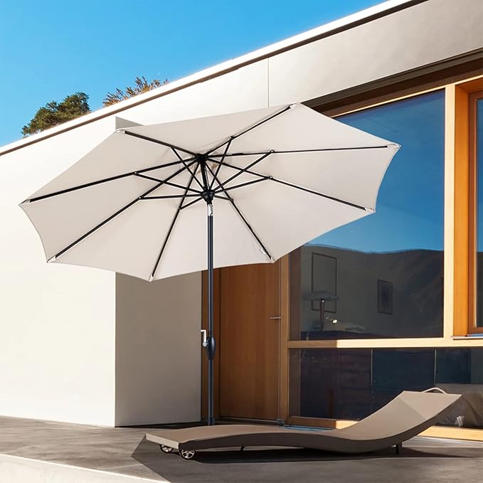 Tempera Striped Patio Umbrellas Outdoor Table Market Umbrellas with Crank & Pust Button Tilt|Auto-Tilt, 8 Steel Ribs, High Color-Fastness Canopy