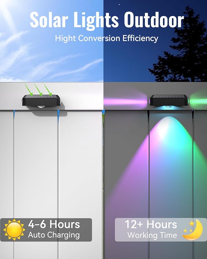Solar Fence Lights Outdoor, 8 Pack 12 Mode RGB Color Changing & Warm/Cool White, Waterproof IP65 3-LED Dusk to Dawn Fence Lights Solar Powered for Wall, Railing, Patio, Step, Backyard, Outside