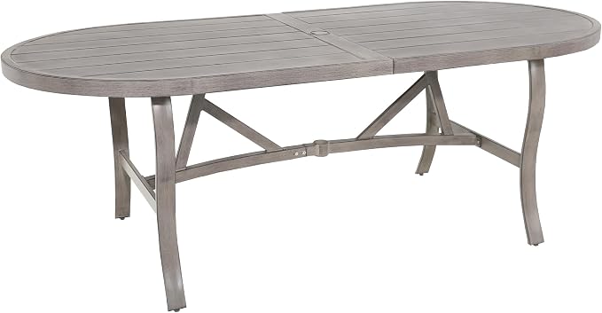 Ulax furniture Oval Outdoor Patio Dining Table - Weather-Resistant Steel Frame & Wood-GrainTabletop with Umbrella Hole - for Garden, Backyard, Patio Use (Table x 1)