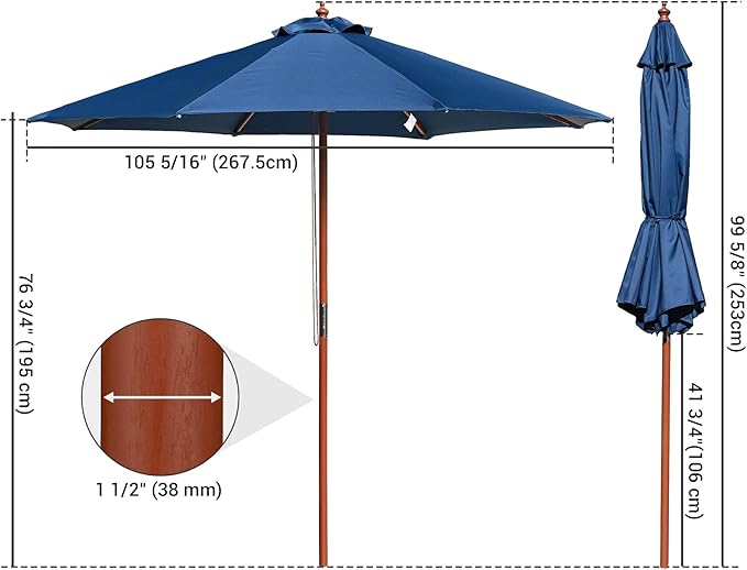 9 Ft Wooden Patio Umbrella 8 Ribs Table Parasol Rope Pulley Outdoor Garden Yard