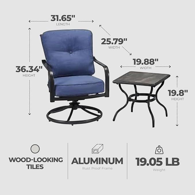 Four Seasons Courtyard Beaumont 3 Piece Deep Seating Outdoor Patio Chat Furniture Set with 2 Swivel Cushioned Chairs and Square Side Table, Gray/Brown
