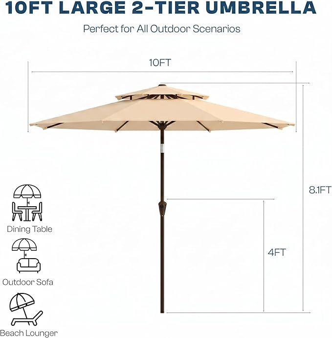 Patio Umbrella, 2 Tier Outdoor Table Umbrella, Large Vented Market Umbrellas with Push Button Tilt and Crank, 8 Sturdy Ribs for Backyard, Deck, Pool, UPF50+ UV Protection