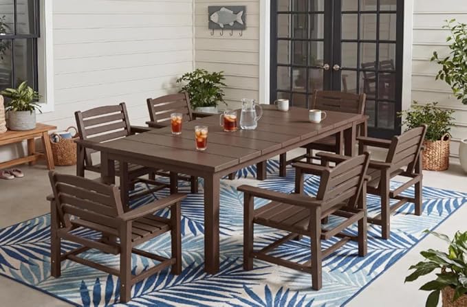 7-Piece Brown Outdoor Dining Set for 6, 75.2'' HDPE Table with Umbrella Hole & Chairs, Weather-Resistant Patio Furniture for Garden, Lawn, or Poolside
