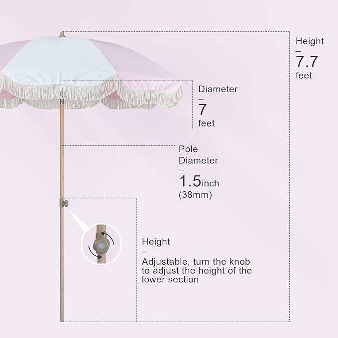 Tempera 7ft Boho Beach & Patio Umbrella with Fringe, Market Umbrellas with UPF 50+ UV & Water-Resistant Canopy, 1.5" Wood Pole & Button Tilt.