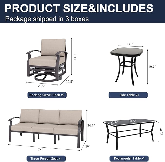 Kurapika Aluminum Patio Furniture Set 5-Seat Modern Outdoor Conversation Sets w/Swivel Rocking Chairs with Rectangular Coffee Table, Sand