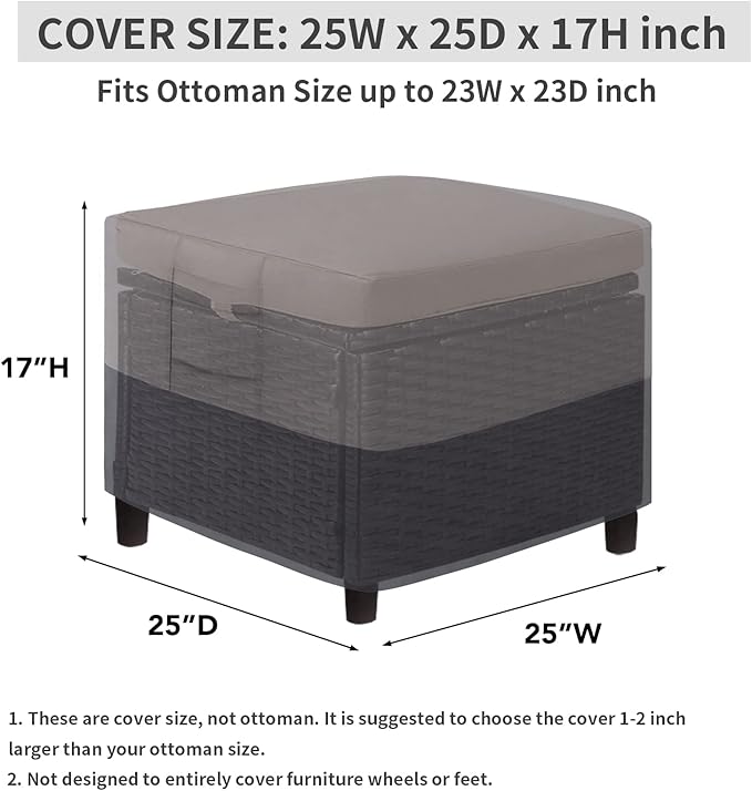 Easy-Going Outdoor Ottoman Cover, Heavy Duty Waterproof Patio Furniture Cover with Padded Handles (1 Pack-25"x25"x17", Gray/Dark Gray)