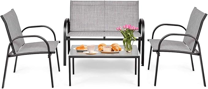 Tangkula 4 Pieces Patio Furniture Set, Metal Frame Heavy Duty Outdoor Conversation Set, Includes Glass Top Coffee Table, 2 Armrest Chairs and Loveseat, Suitable for Lawn Garden Porch Balcony (Gray)