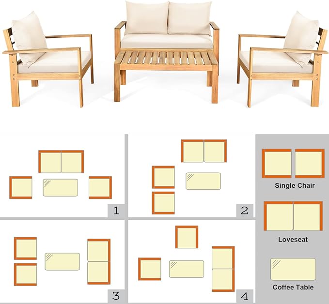 Tangkula Outdoor 8-Piece Acacia Wood Chat Set, 8 Seater Acacia Wood Conversation Sofa and Table Set with Water Resistant Cushions, Teak Finished (2, White)