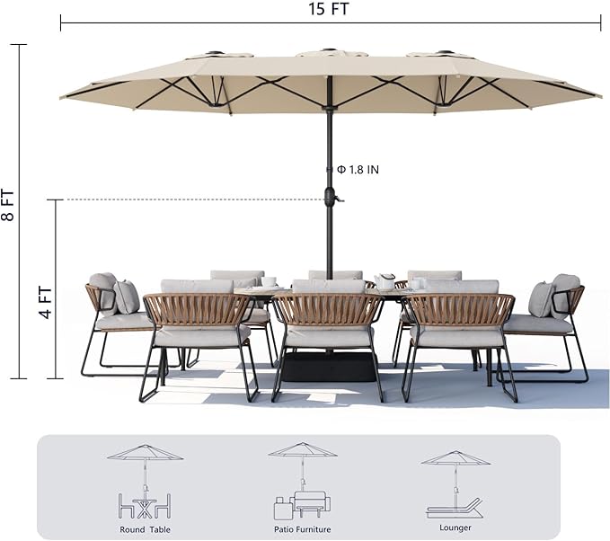 15ft Large Outdoor Patio Umbrella, Double Sided Table Umbrella with Crank, 12 Steel Ribs Market Umbrella