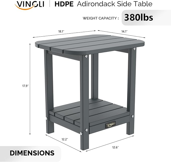 VINGLI Outdoor Side Table, 2-Tier HDPE Adirondack Side Table with Storage, Weather-Resistant Patio End Table for Backyard, Pool, Deck, Indoor Use (Grey)