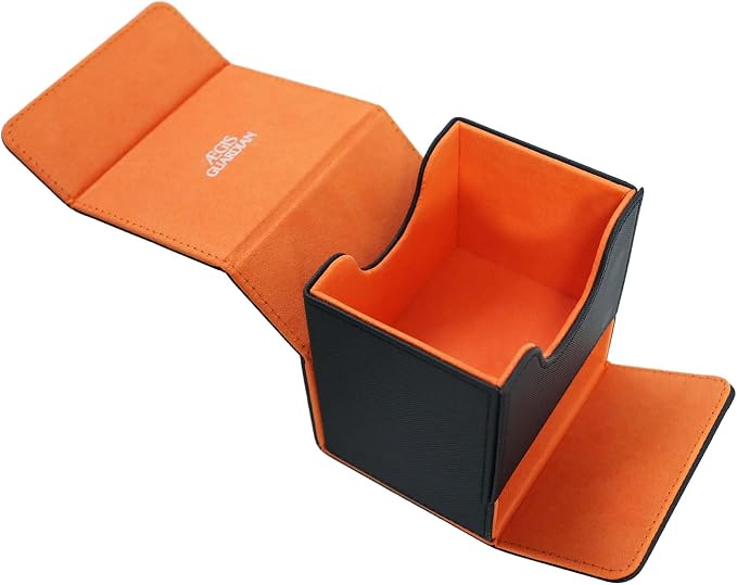 AEGIS GUARDIAN Card Deck Box with Dice Tray for MTG Cards, Commander Deck Box fit 150+ Sleeved Cards, PU Leather Card Storage Box Strong Magnet Deck Game Case for TCG CCG, Black and Orange