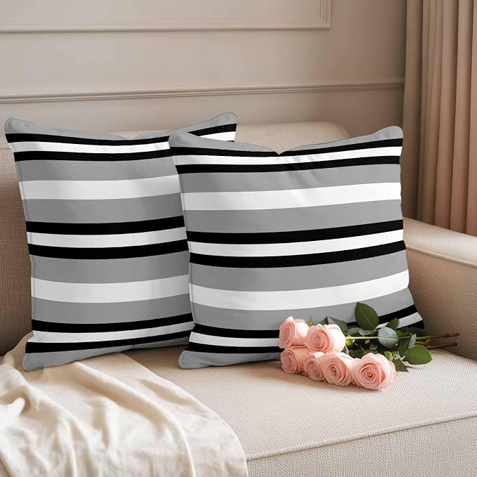 Throw Pillow Covers 18x18 Inch Set of 2, Black Gray Striped Waterproof Outdoor Pillow Covers, Contemporary Minimalist Lines Art Decorative Cushion Pillowcases for Couch, Sofa, Bed, Garden, Patio