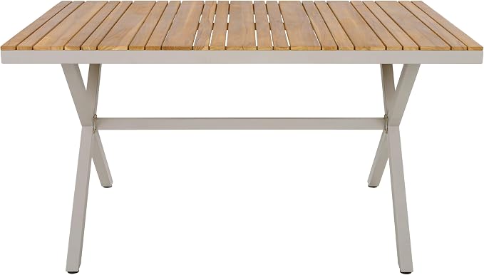 Christopher Knight Home Rado 55”L Wooden Outdoor Dining Table with Steel Frame, Sturdy Rectangular Patio Table for 4-6 People, Dining Room Table with Slatted Design and X-Shaped Legs, Teak + Beige