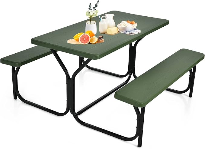ORALNER Picnic Table, Resin Dining Table & 2 Benches Set, Weather Resistant Wood Grain Plastic Tabletop & Steel Frame, Picnic Tables for Outdoors, Porch Yard Patio Lawn Party Camping (Green)