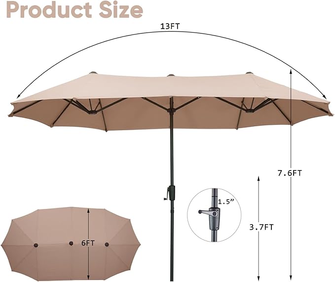 13Ft Large Patio Umbrella Outdoor Double-Sided Market Umbrella w/Easy Crank for Yard, Poolside, Deck, Khaki