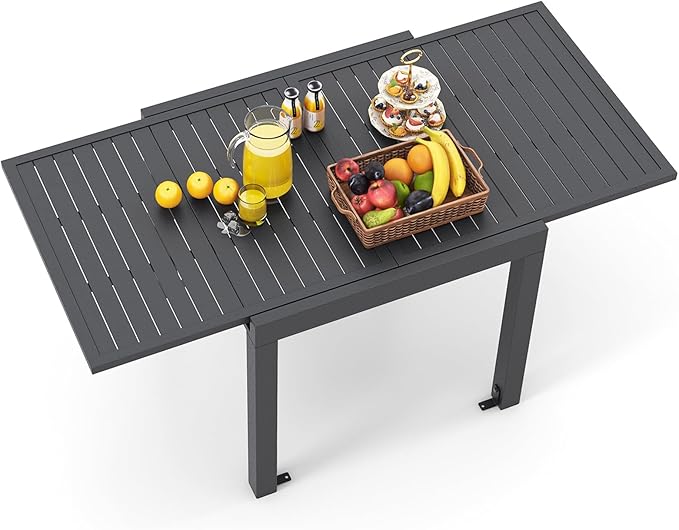 HAPPYGRILL Expandable Patio Dining Table Aluminum Outdoor Table for 4-6 Person with Slatted Tabletop, Square Rectangular Folding Patio Table for Porch, Lawn, Garden
