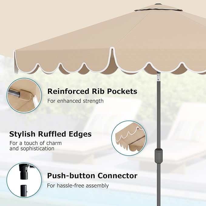 HAPPYGRILL 10 FT Patio Umbrella, Market Table Umbrella w/Crank, Push Button Tilt, Ruffled Edges, Vented Top & 8 Ribs, Outdoor Sun Shade for Poolside Backyard Beach