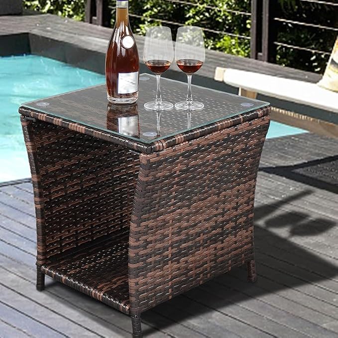 Outdoor Wicker Side Table with Tempered Glass, All-Weather Rattan Side Table with Storage Shelf, Wicker Patio Table for Outdoor Patio, Porch, Garden, Brown