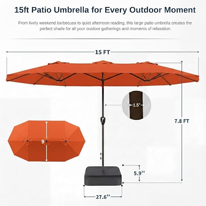 15FT Large Patio Umbrella with Base, Double Sided Rectangular Outdoor Umbrella with Sturdy Fiberglass Ribs, UPF 50+ Sun Protection, Wind-Resistant, Waterproof Fade-Resistant Fabric for Pool, Garden, Backyard, Deck(Orange)