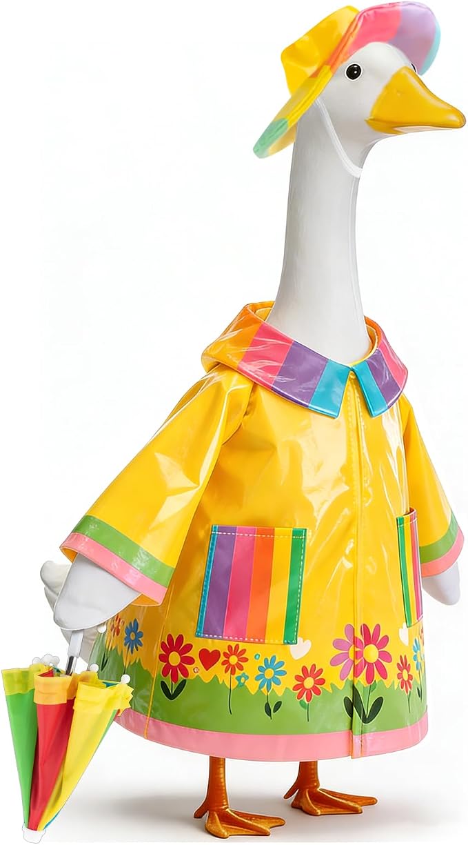 Raincoat Porch Goose Outfits, Spring Goose Clothes for Garden Decor | for 23" Cement/Plastic Goose Statue, Rainy Season Porch Goose Clothes & Umbrella & Hat, Lawn Goose Decor for Yard Statues