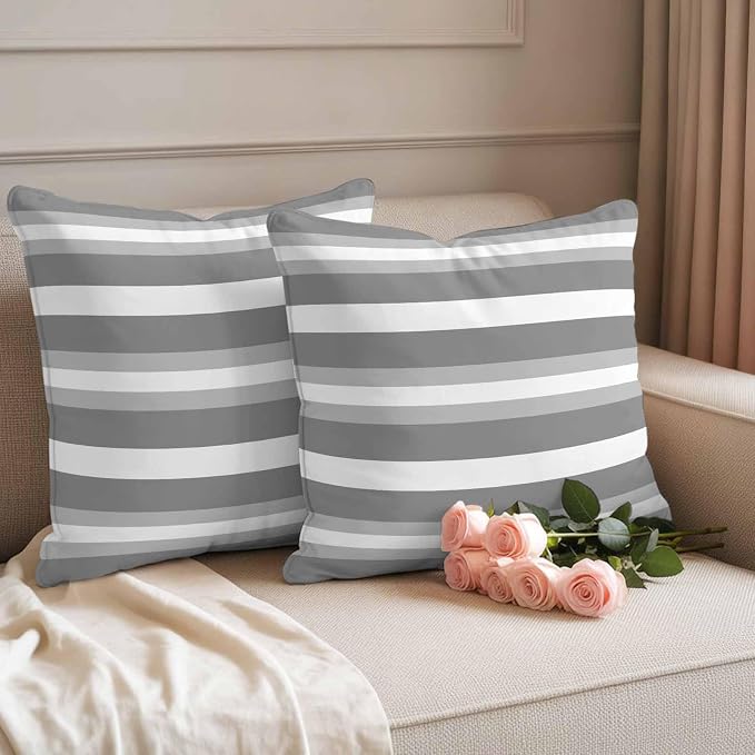 Throw Pillow Covers 16x16 Inch Set of 2, Grey Stripe Waterproof Outdoor Pillow Covers, Minimalist Farmhouse Striped Decorative Cushion Pillowcases for Couch, Sofa, Bed, Garden, Patio