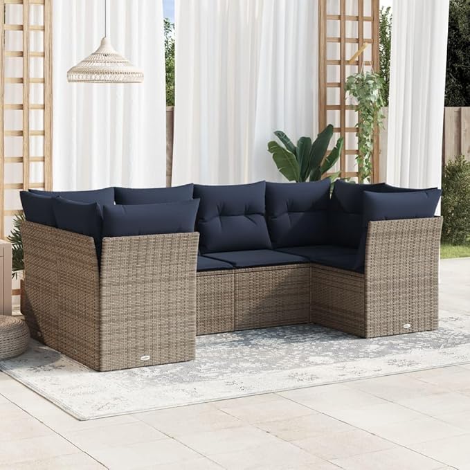 vidaXL Patio Sofa Set with Cushions 6 Piece, Outdoor Conversation Set, Sectional Sofa for Balcony Garden, Modern Style, Gray Poly Rattan