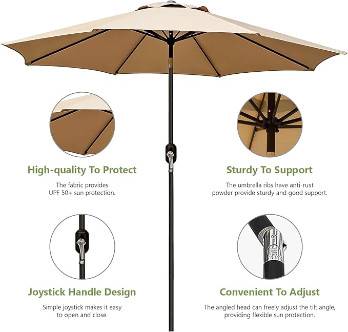 9FT Patio Umbrella Outdoor Table Market Umbrella with Push Button Tilt & Crank, 8 Sturdy Ribs Waterproof UV Protection Fade-Resistant for Garden, Deck, Backyard, Pool