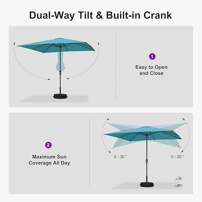 PURPLE LEAF 8' x 8' Square Patio Umbrella Outdoor Table Umbrella Aluminum Frame Market Umbrella with 8 Sturdy Ribs & Tilt for Garden Deck Lawn Pool Turquoise Blue