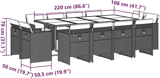 13-Piece Patio Dining Set with Cushions Gray Poly Rattan Outdoor Furniture Set for Backyard, Garden, Porch - Foldable Chairs & Acacia Wood Table