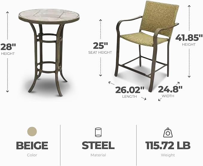 Four Seasons Courtyard Amalfi 3 Piece Woven Outdoor Balcony Furniture, Patio Dining Set with Steel Frame, Includes 1 Table and 2 Chairs, Beige
