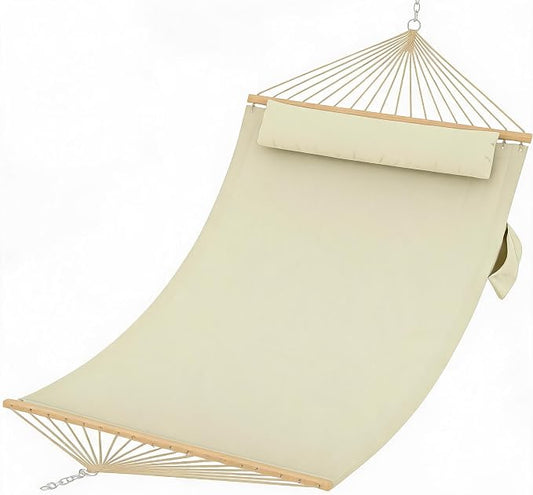 PrecisionAuto Double Quilted Fabric Hammock with Spreader Bar & Detachable Pillow, 12FT Two Person Outdoor Swing Bed Supports 450LBS for Patio Backyard Poolside Relaxation