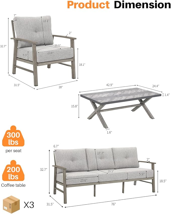 Aluminum Patio Sofa Set, 4 Piece Outdoor Patio Furniture Set with Thick Cushions, All Weather Outdoor Sectional Sofa Couch Sets for Deck, Lawn, Poolside, Backyard, Limed Oak