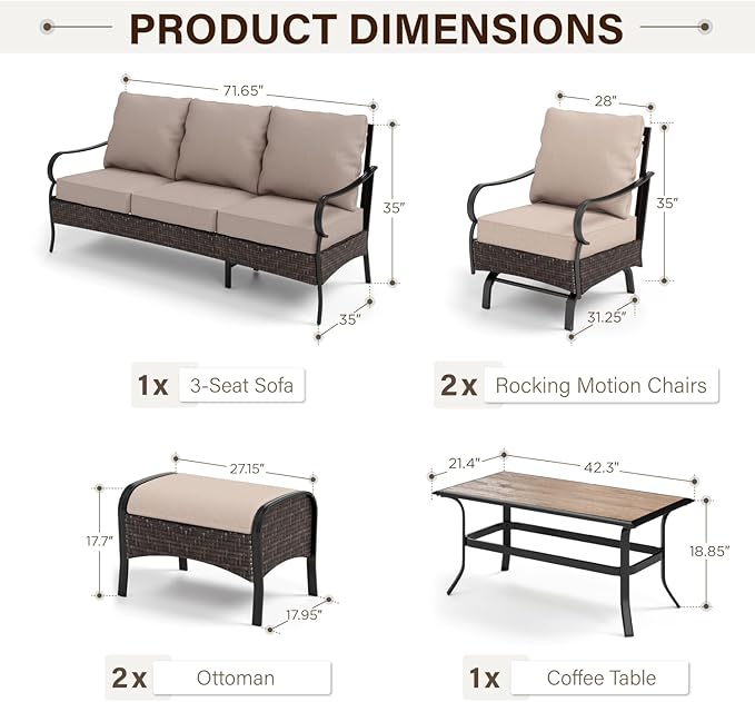 GREEN PARTY Extra Large Outdoor Patio Furniture Set 6 Pieces for 7, Modern Metal Patio Conversation Sets with High Back 3-Seat Sofa, 2 Motion Chairs, 2 Ottoman, 1 Coffee Table
