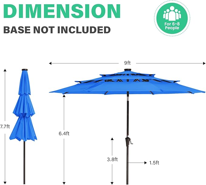 JEAREY 3 Tiers Patio Umbrella with Solar Lights 9ft Outdoor Market Table Umbrellas with Push Button Tilt for Outside Pool Garden, Royal Blue