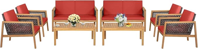 8 Pieces Outdoor Acacia Wood Furniture Set, Outdoor PE Wicker Conversation Set with Coffee Table and Soft Cushions, Outdoor Sofa Set for Garden, Poolside and Backyard (2, Red)