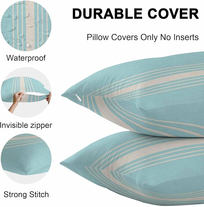 Vandarllin Outdoor Throw Pillows Covers 16x16 inch Set of 2 Waterproof Sky Blue Vertical Stripes Decorative Zippered Cushion Covers for Patio Furniture, Classic Striped Linen Lumbar Pillowcases